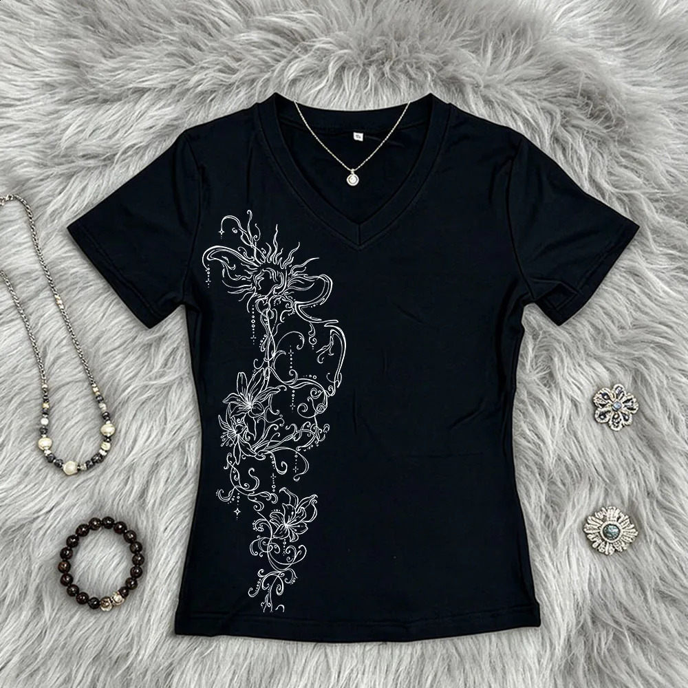 Retro T-shirt Summer Y2k White Aesthetic Printed Punk Fairy T-shirt Harajuku Street Top Womens Casual Slimming Grunge 260625