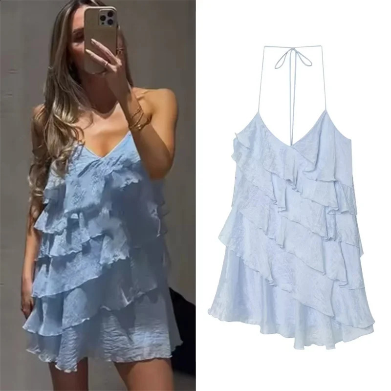 Womens Dress 2026 Summer Style Blue Spaghetti Strap Layered Decor Lightweight Short Elegant and Graceful Vacation 260625