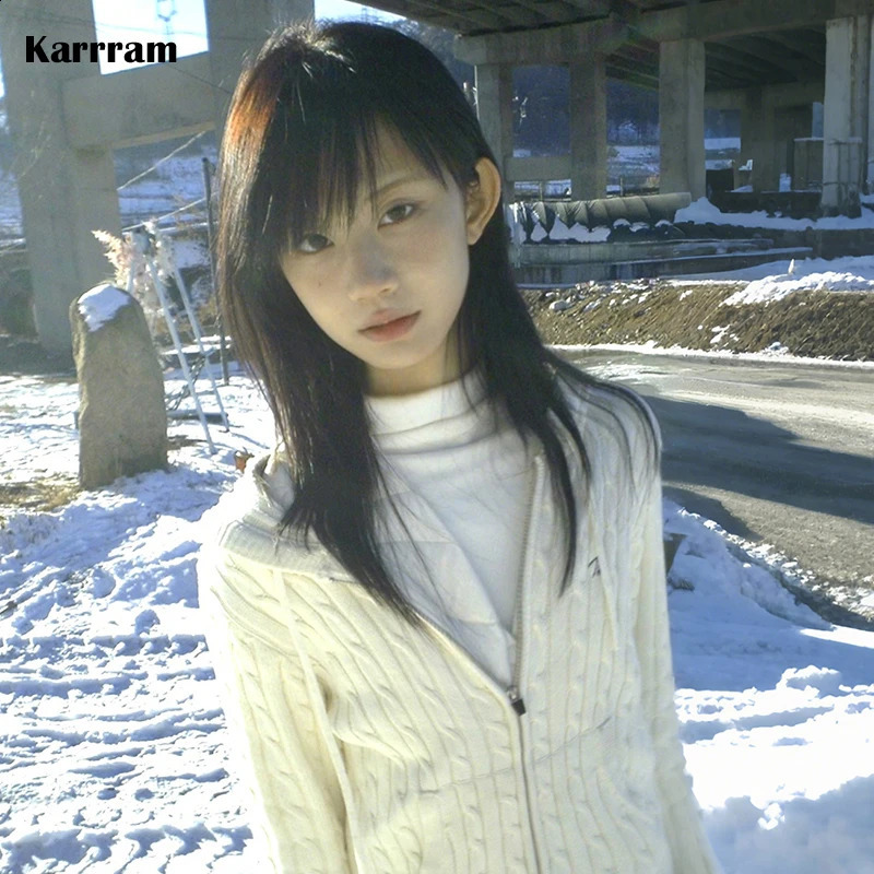 Karrram Japanese Y2k White Hooded Cardigan 2000s Style Embroidered Knitted Jacket Vintage Harajuku Zipper Knitwear American 90s 260624