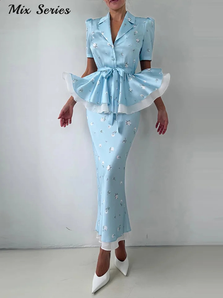Elegant Printed Slim TwoPiece Set Womens Lapel Ruffle Hem Belt Top Floral Bodycon Skirt 2026 Summer Lady Structured Outfit 260626