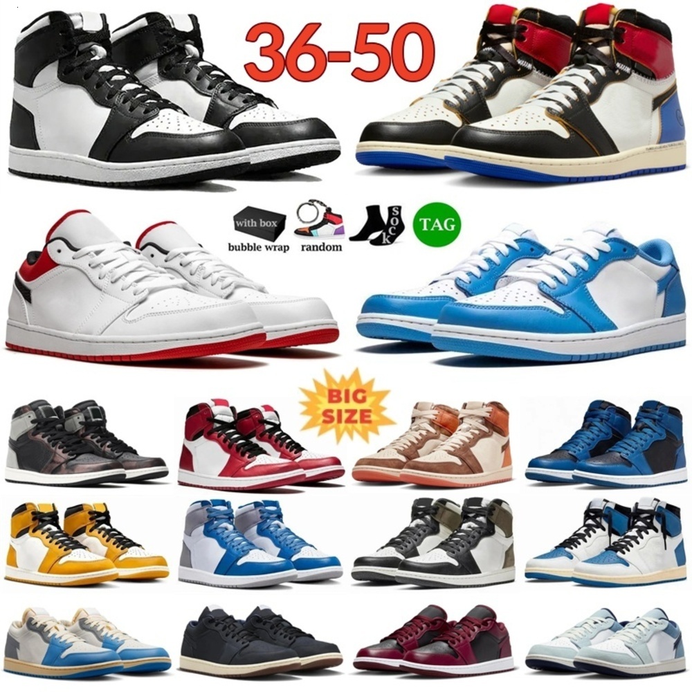 With Box Big Size 36-50 1s Basketball Shoes 1 Mens Womens Trainers One High Low Designer Sneakers Panda Bred Chicago Fragment Design Mocha UNC Leath