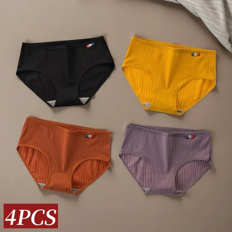 4PcsSet Womens MidRise Cotton Panties Breathable Soft Ribbed Underwear Solid Lingerie Stretchy Comfort Daily Briefs MXL 260624