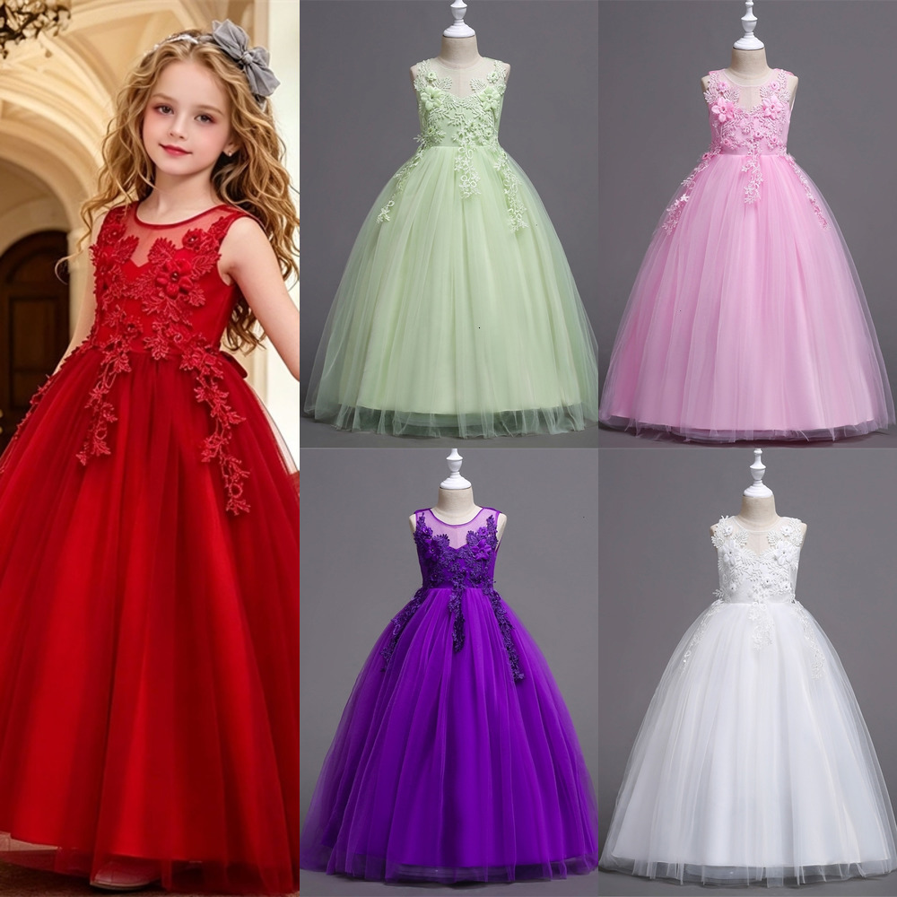 Kids Clothes High Quality Lace Princess Dresses For Girl Childrens Birthday Party Dress Baby Girls Solid Color Mesh Dress Christmas Clothing