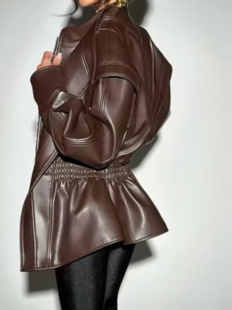 Fashion Solid PU Leather Jacket Women Turn-down Collar Zipper Front Puffy Sleeves Stylish Coat 2026 Spring Casual Lady Outerwear 260625