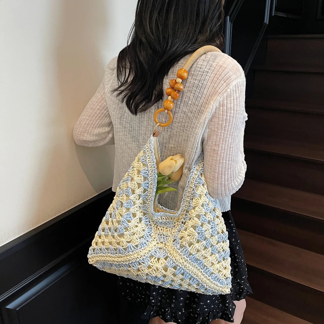 Hollow Out Straw Woven Bags Tote Beach Handbag Bohemian Beach Bags Large Capacity Bucket Bag Hollow Shoulder Bag Holiday 260625