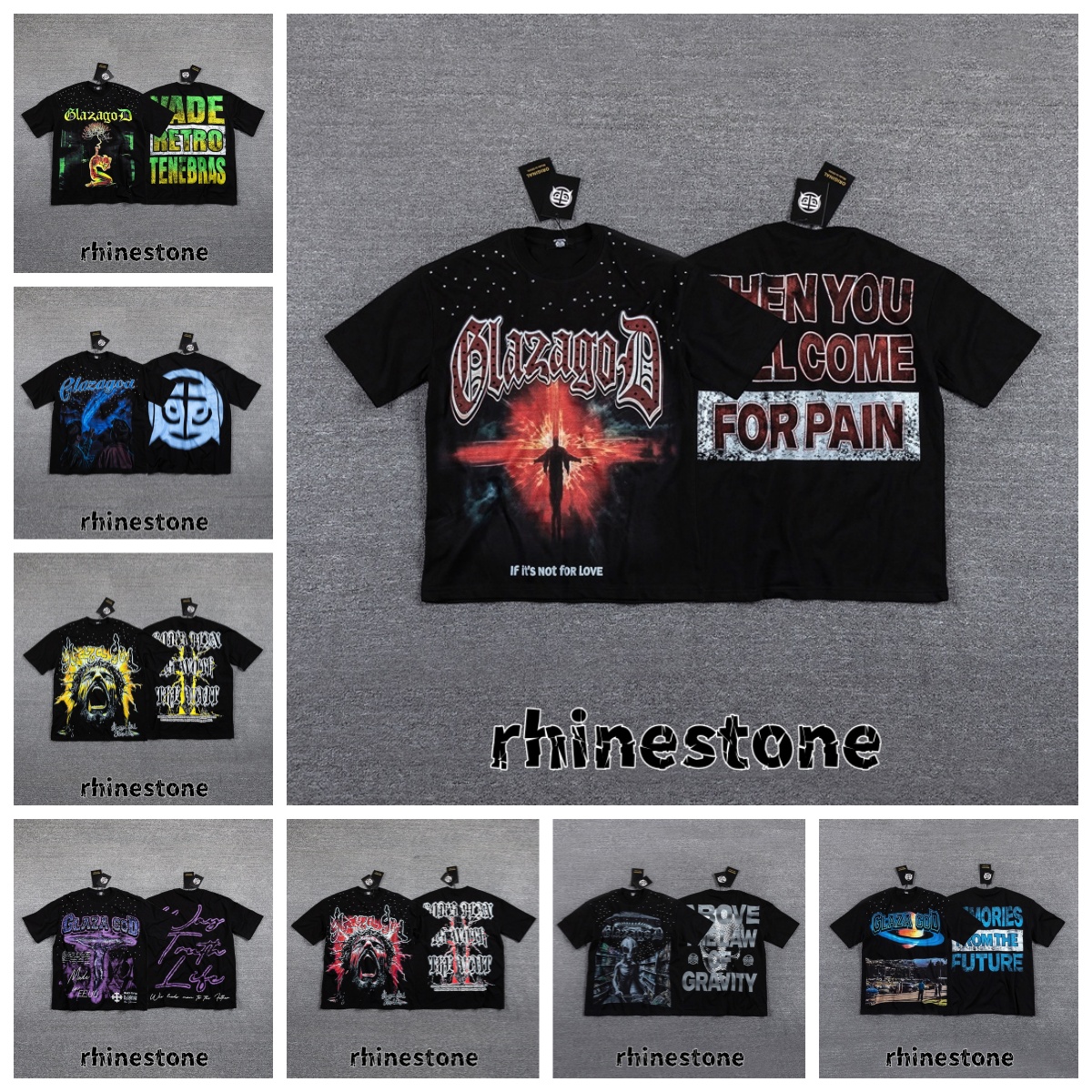 GlazaNewGod Rhinestone Designer Round Neck Short Sleeve T shirt for Men Y2K Graffiti Letter Printed Fashion Street T shirt Casual Loose High Quality