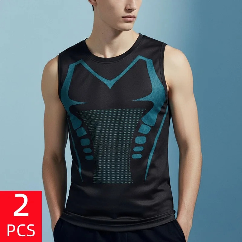 2PCS Mens Summer Sleeveless Tight Fitting Sports Fitness Vest Running Base Shirt QuickDrying Seamless Shaping 260625