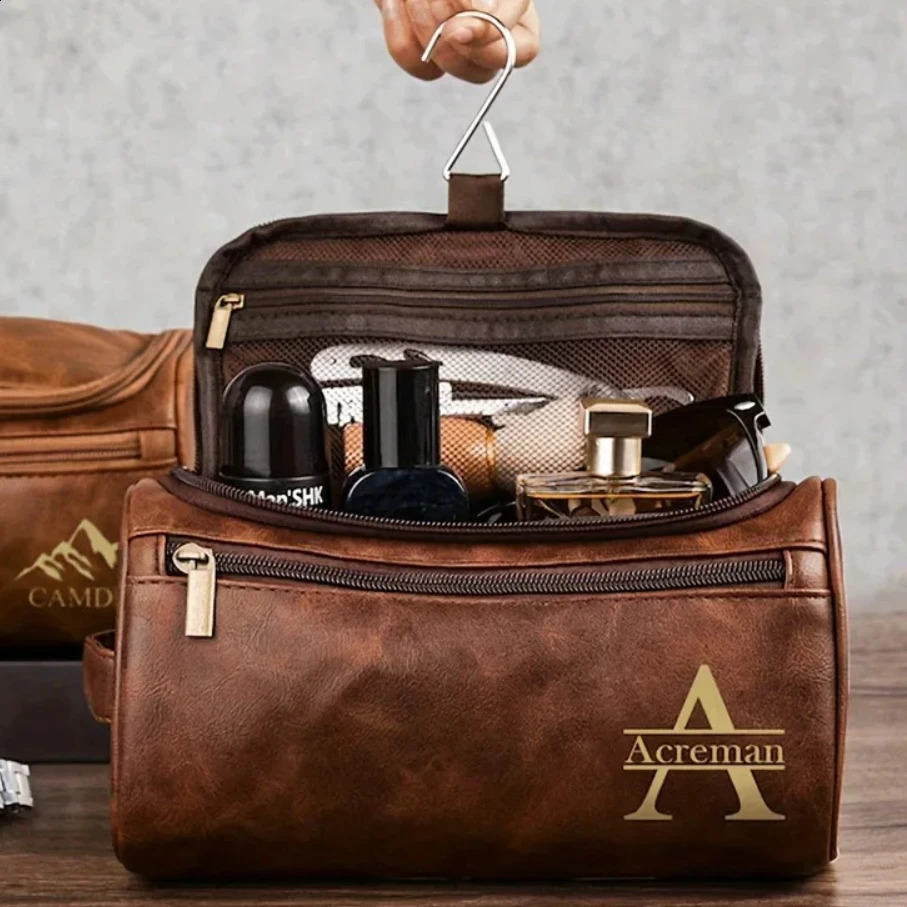 Engraved Name Mens Waterproof Bag Personalized Name Durable PU Leather Multi-Use Ideal for Shaving Travel Business Make-Up Bag 260625