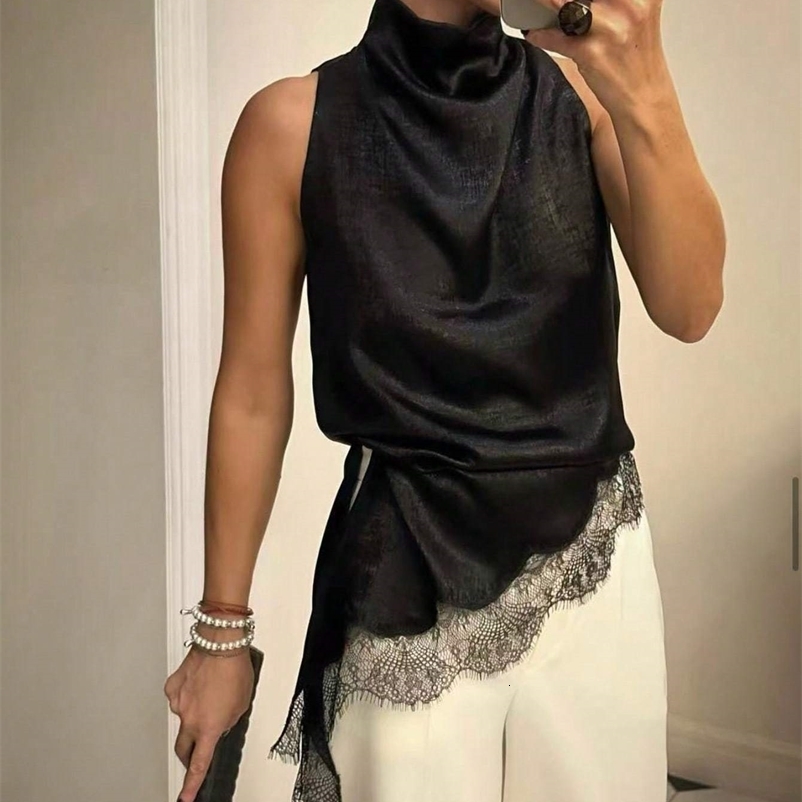 Womens Elegant Black Satin High Neck Blouse Lace Trim Sleeveless Casual Commute Date Top 260625