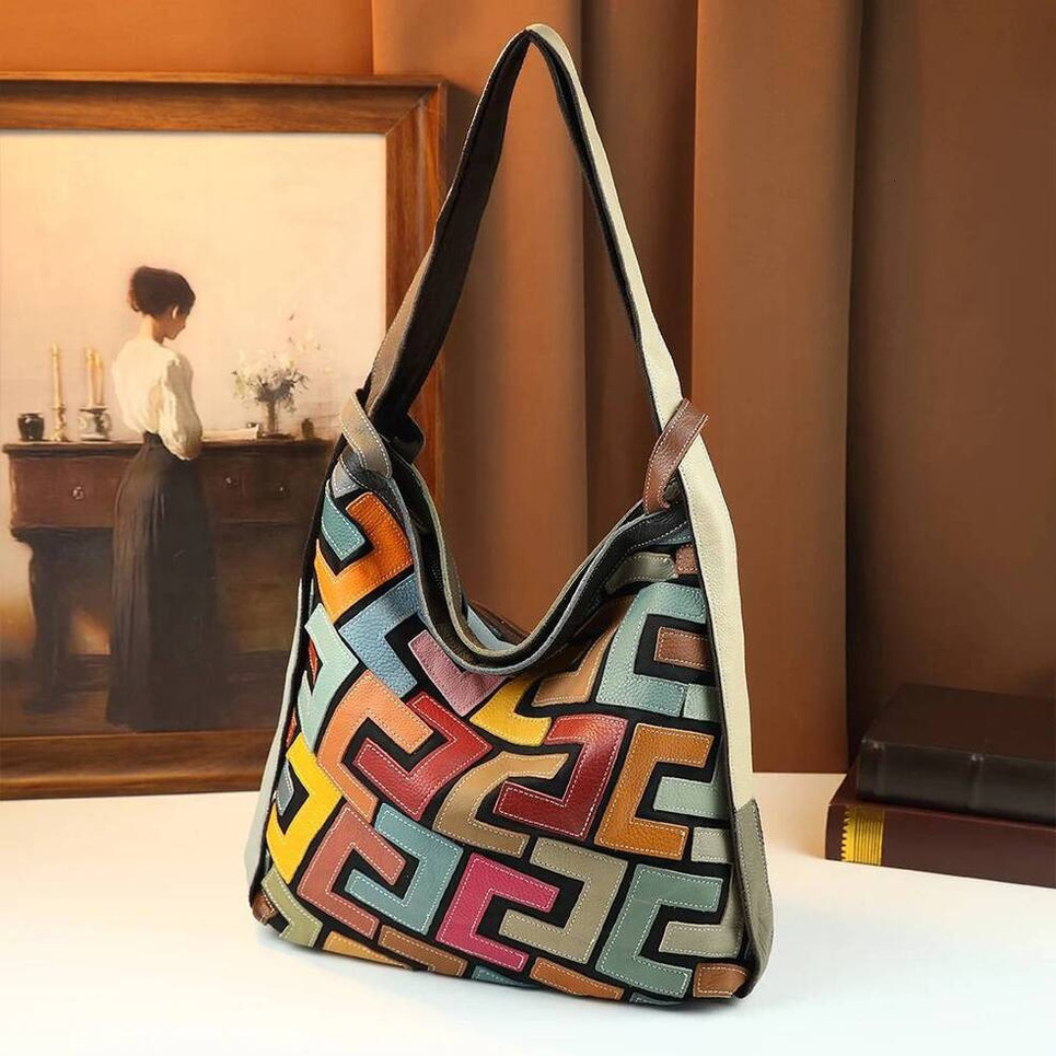 2026 New Retro Handmade Splicing Leather Tote Ethnic Oversized hobo bag Style Cowhide Large Capacity Lightweight Shopping Bag