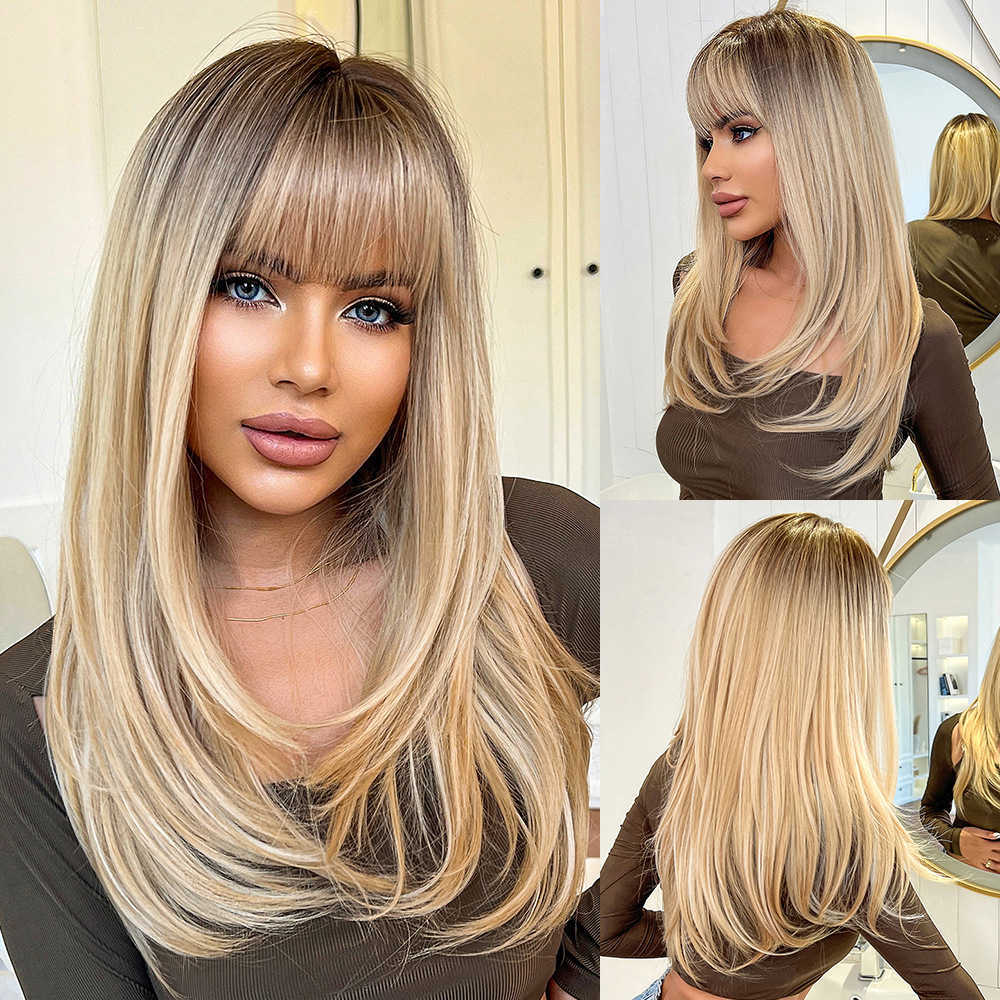 Perücken mit Pony, brauner Farbverlauf, blond, langes glattes Haar, Hochtemperaturfaser, synthetische Perücke, Damen, C260626