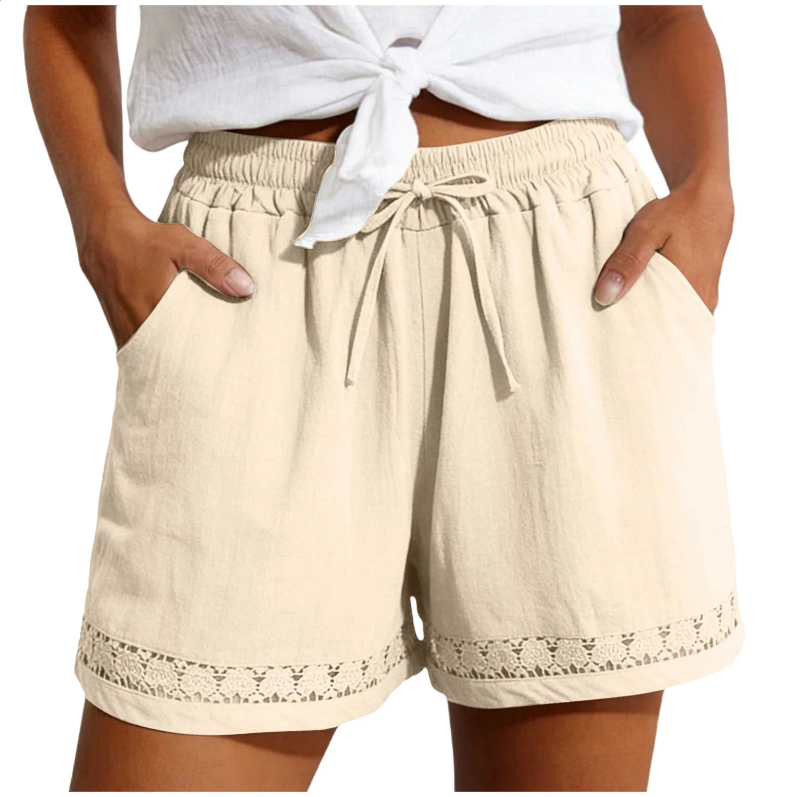 Lace Trim Cotton Linen Shorts For Women Elastic Waist Drawstring Loose Fit Casual Summer Bohemian Style Solid Beach Pants 260624
