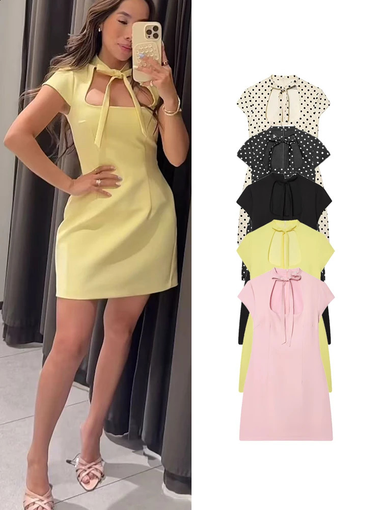 TFMLN Women Front Bow Tie Mini Dress Polka Dot Short Sleeve Bodycon Dress Summer Sexy Cut Out Collar Fashion Party Dress 260625