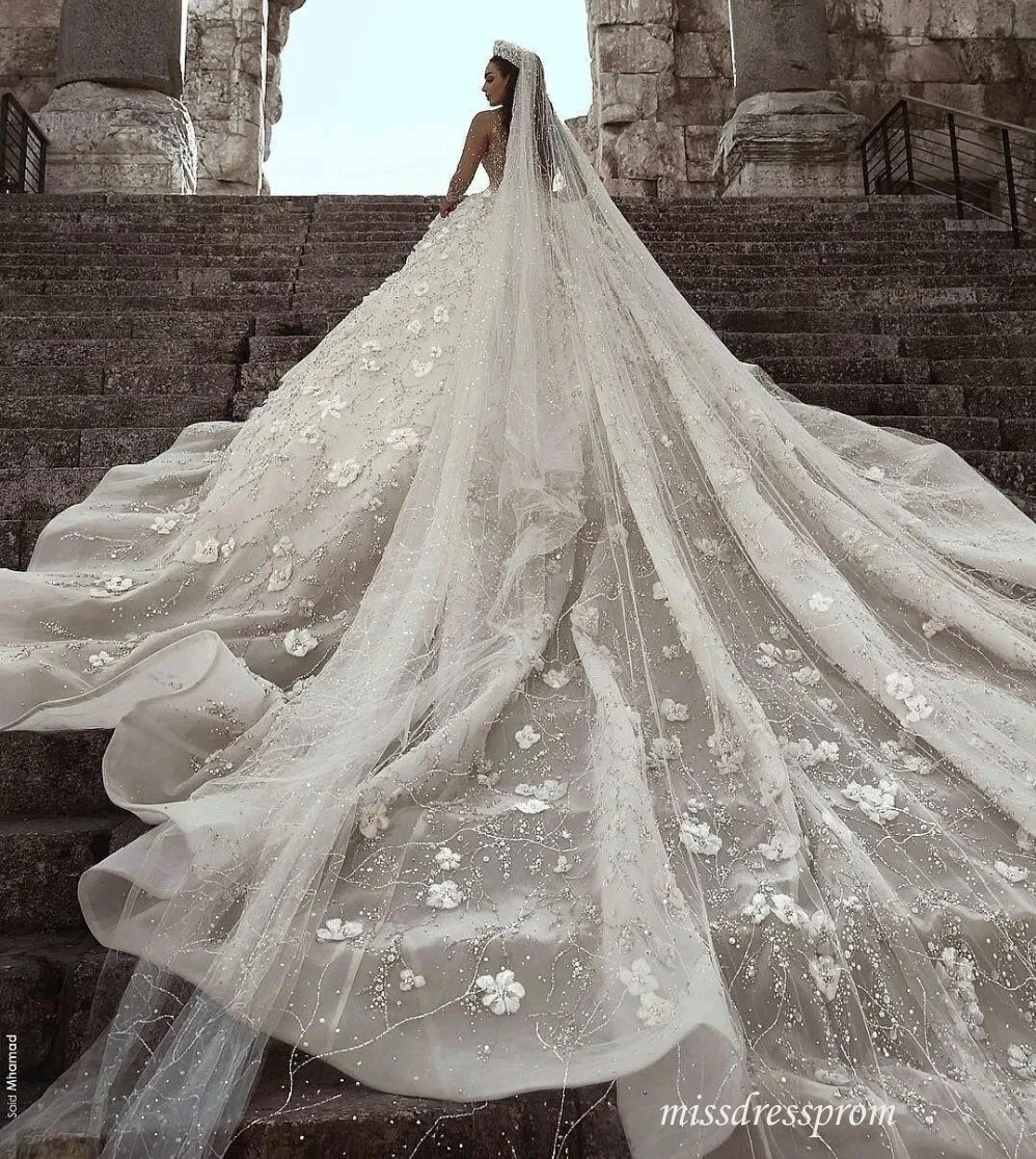 Arabic Luxury Beaded Lace Wedding Dress Vestidos Novia Long Sleeve 3D Floral Crystal Church Bridal Gowns Robe De Mariee Mariage Customed