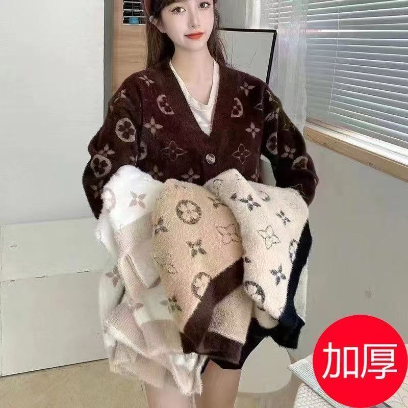 Women's Fuzzy Mink Cashmere Cardigan V Neck Monogram Jacquard Knit Sweater Contrast Trim Pocket Loose Outerwear Autumn Winter Coat S~5XL