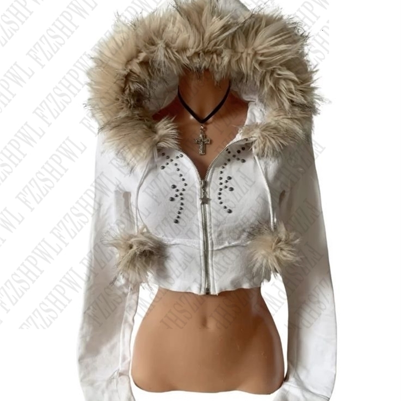 Y2K Spicy girl style plush hooded short zipper sweatshirt Studded white cropped Zip Hoodies personality Sweet Cool Zipper coat 260625