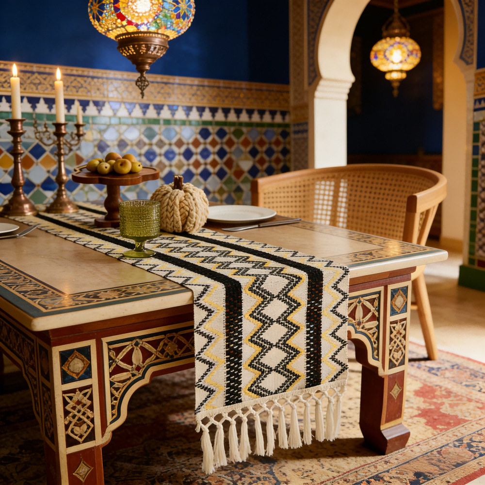 Chemin de table avec pompons tissés ajourés, décorations festives de style national islamique turc du Moyen-Orient, sets de table. G3R201