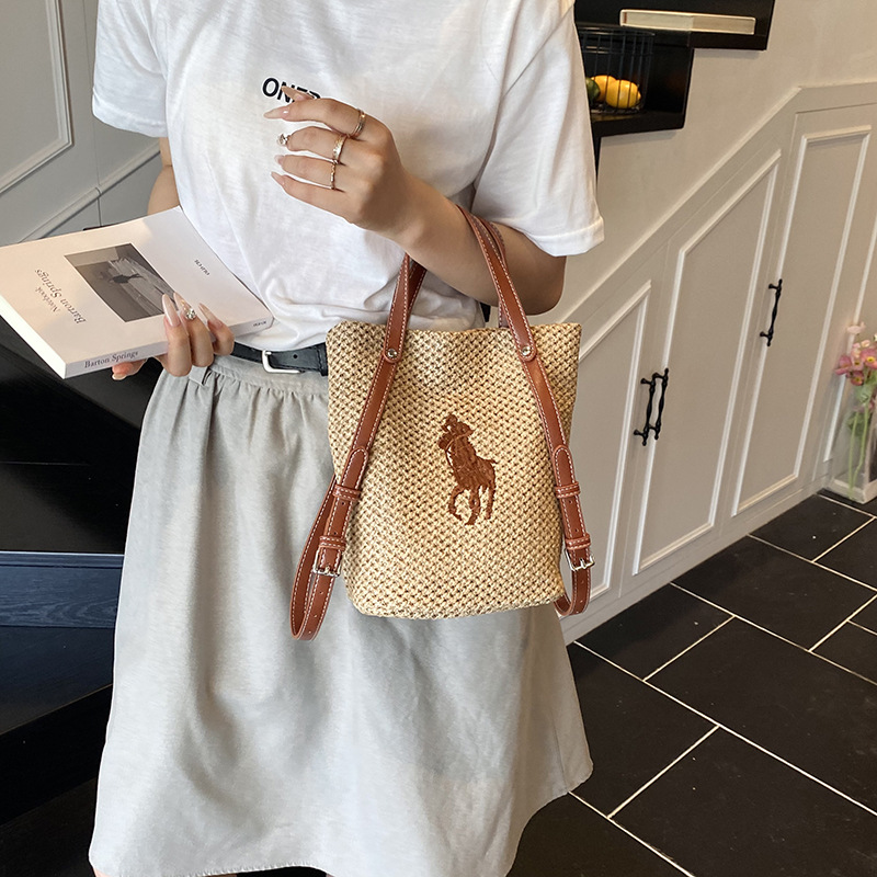 Free Shipping Designer Bag 2026 Summer New Women's Embroidered Straw Bucket Bag, Large Capacity Woven Shoulder Underarm Top Handle Beach Tote