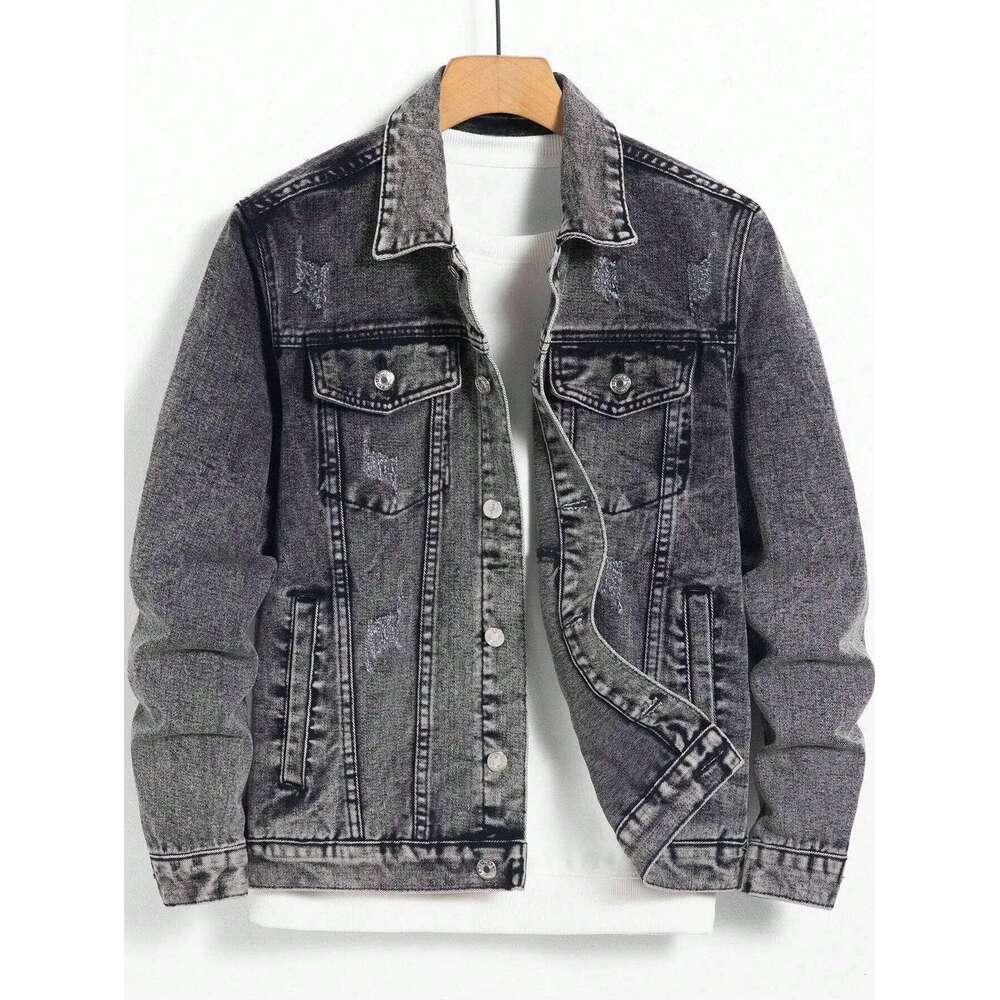 Men's jacket for spring autumn. Dark gray denim coat. Retro, trendy and fashionable. For daily casual wear. W260626