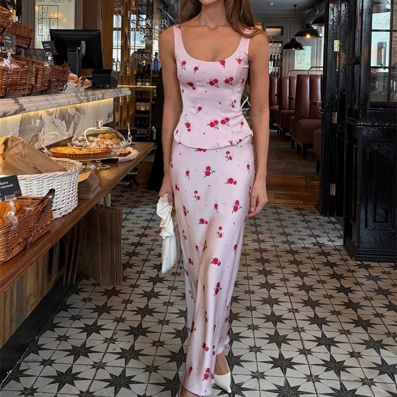 TTQV Summer Slim Print 2 Pieces Set For Woman 2026 Sexy Sleeveless Tank Top With High Waist Long Skirt Set Female Streetwear 260615CJ