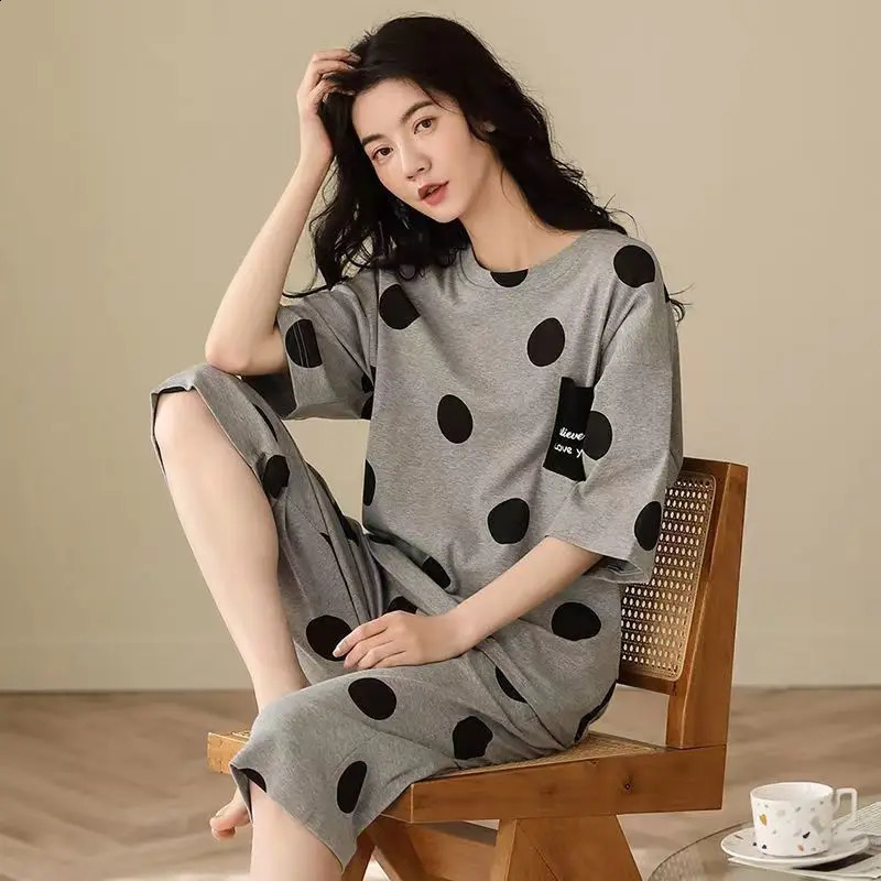 Womens Summer Pyjamas ShortSleeved Top and Cropped Trousers Plus Size BohoChic Checked Set Loungewear Underwear 260625