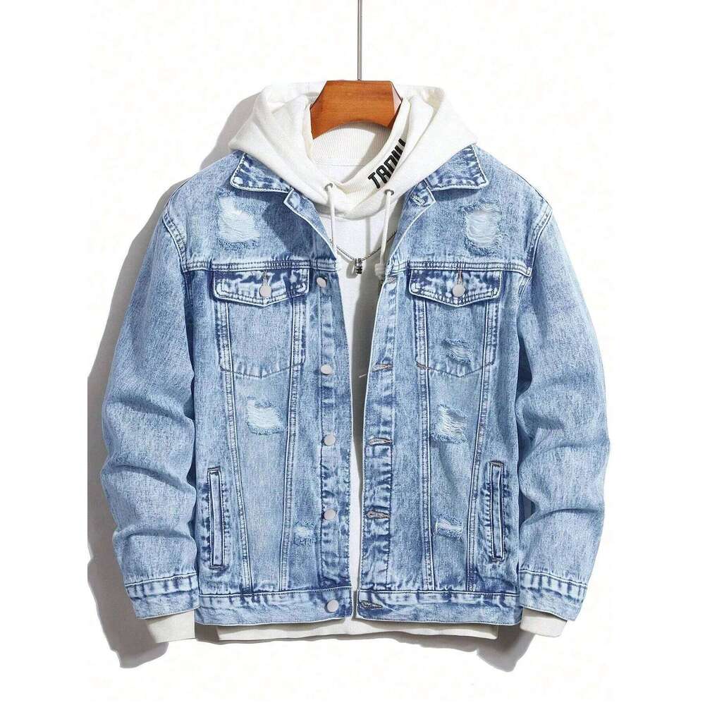 1PC Men's Four Seasons Hot Style Letter Stone Washed Light Blue Flight Daily American Street Casual Denim Jacket W260626