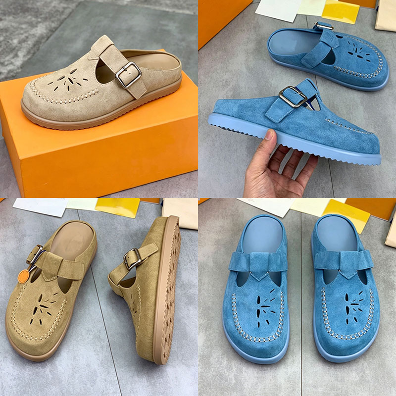 Luxury Classic Easy Mule Mens Designer Half Slippers With Hollowed Out Temperament Sandals Suede Calf Leather Upper Lightweight Rubber Outsole Comfo