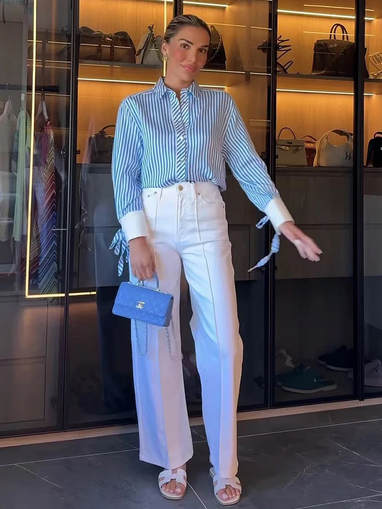 Camicetta a righe con papillon per donna Camicia con risvolto a righe a maniche lunghe alla moda Stile primaverile Casual Completo da ufficio per do