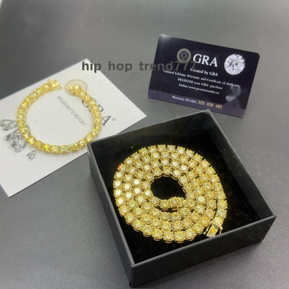GRA Certified HipHop 925 Sterling Silver 65mm Canary Yellow Moissanite 16in 18in 20in 22in 24in Choker Tennis Chain Necklace