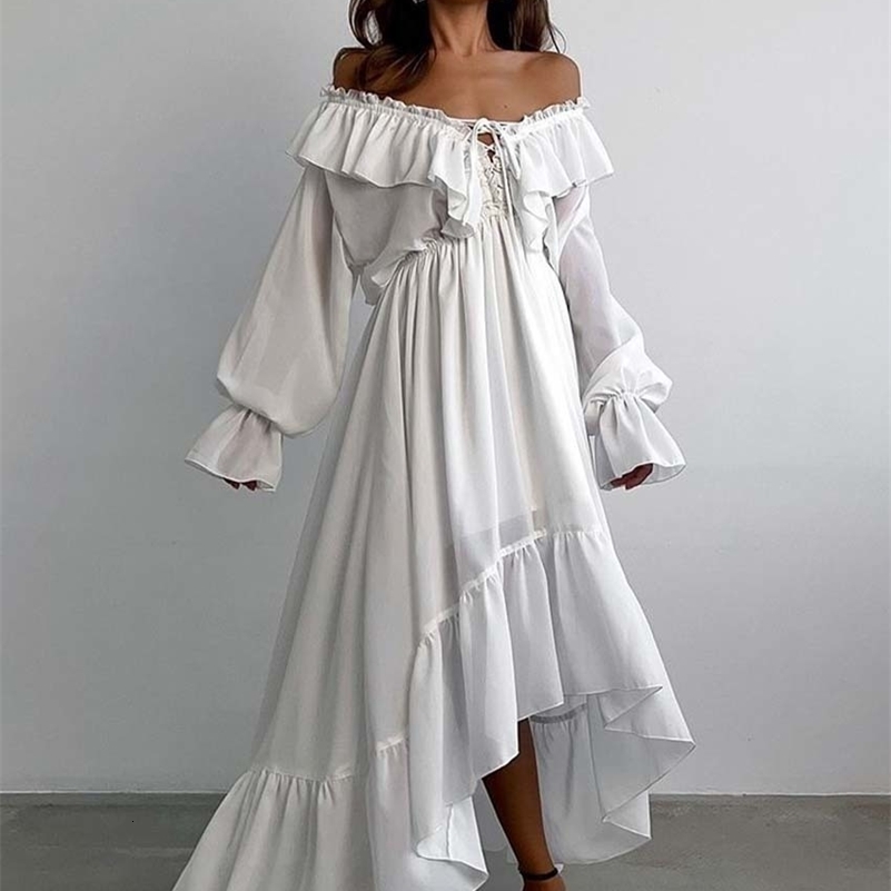 Oymimi Elegant White Ruffled Dresses Woman Fashion V-Neck Lace-Up Long Sleeve Dresses Casual High Waist Floor-Length Dress 260625