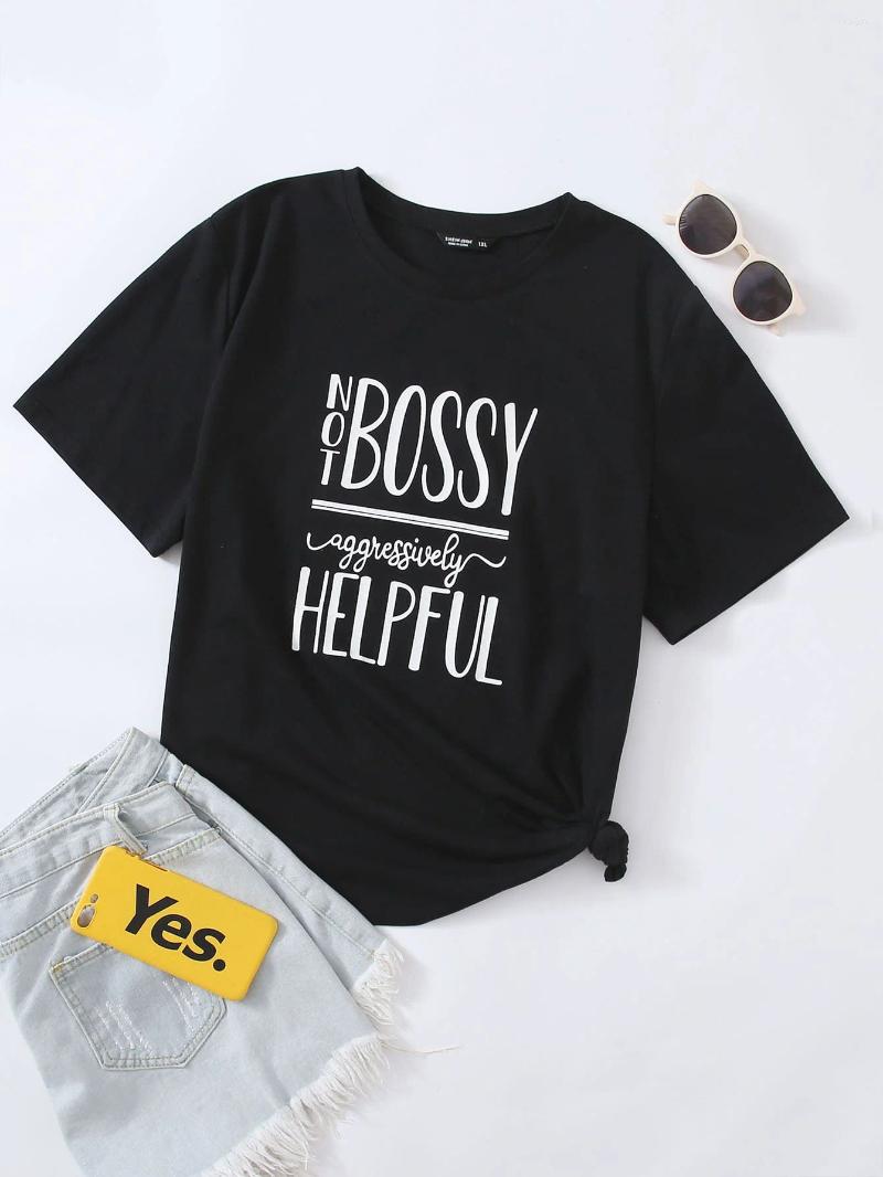 Shirt Women's Plus Size Black Letter Print Short Sleeve Crew Neck Loose Casual Basic Tee With Slogan For Curvy Ladies Daily