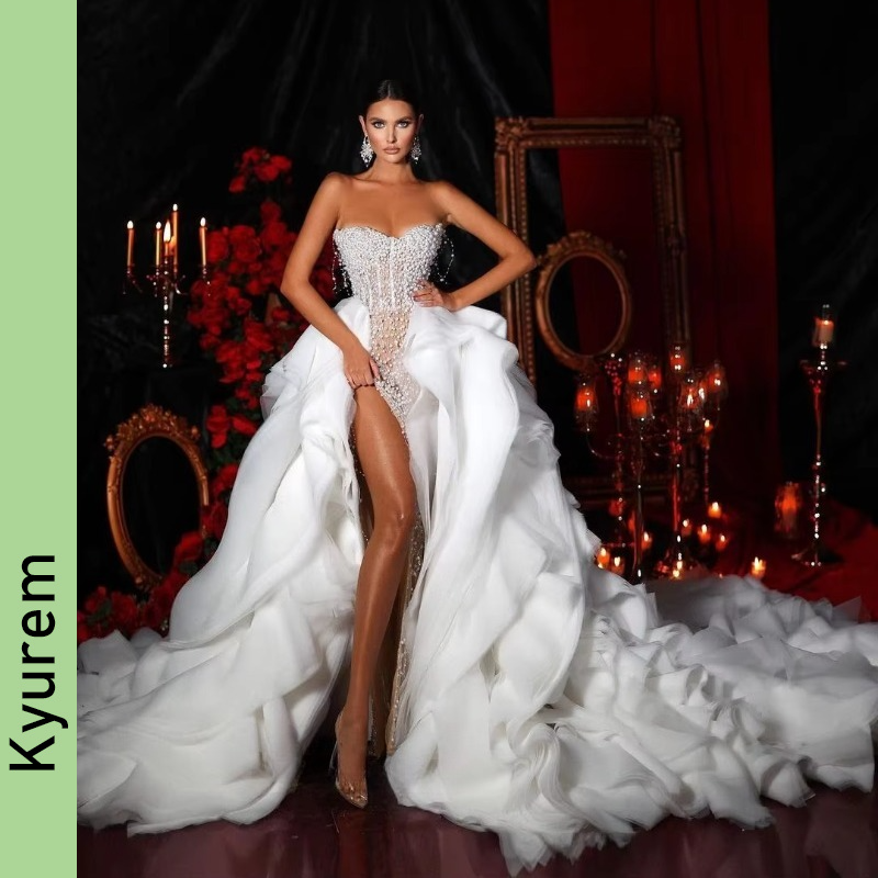 2 Pieces Evening Dresses with Long Tired Train Strapless Pearls Dresses Luxury Vestidos De Gala Pageant Gowns Robe De Soiree Night Gowns