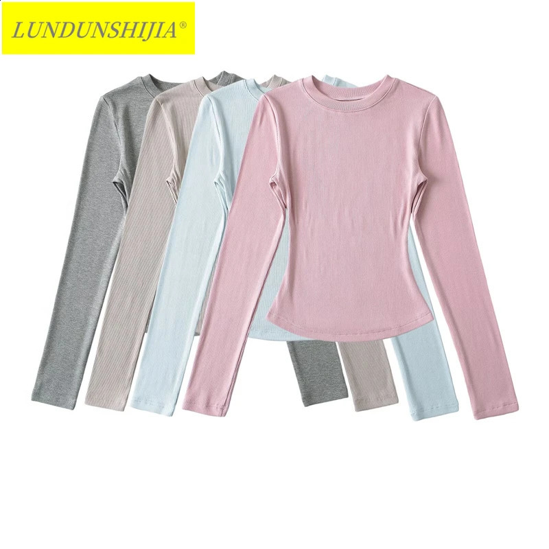 LUNDUNSHIJIA Autumn Winter Sexy Women Basic O-neck Long Sleeve T-shirts Ladies Slim Elasticity Cotton Tee Tops 16 Colors 260626