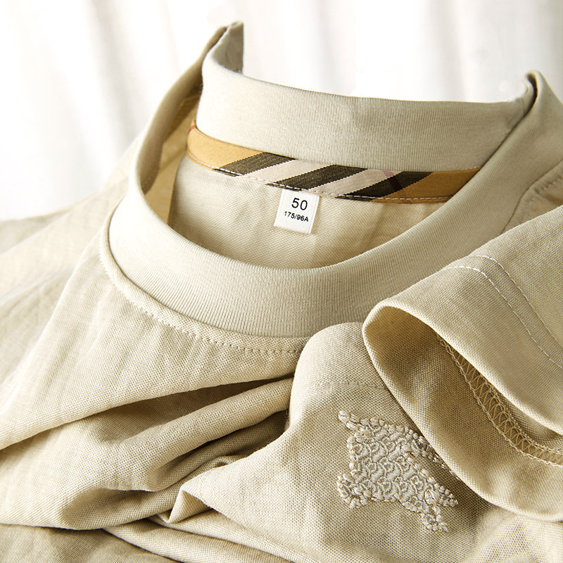 Mens Crew Neck Short Sleeve Top Cotton Linen Ice Feel Fabric War Horse Embroidery Slim Fit Striped Inner Collar Light Luxury Breathable Summer Daily