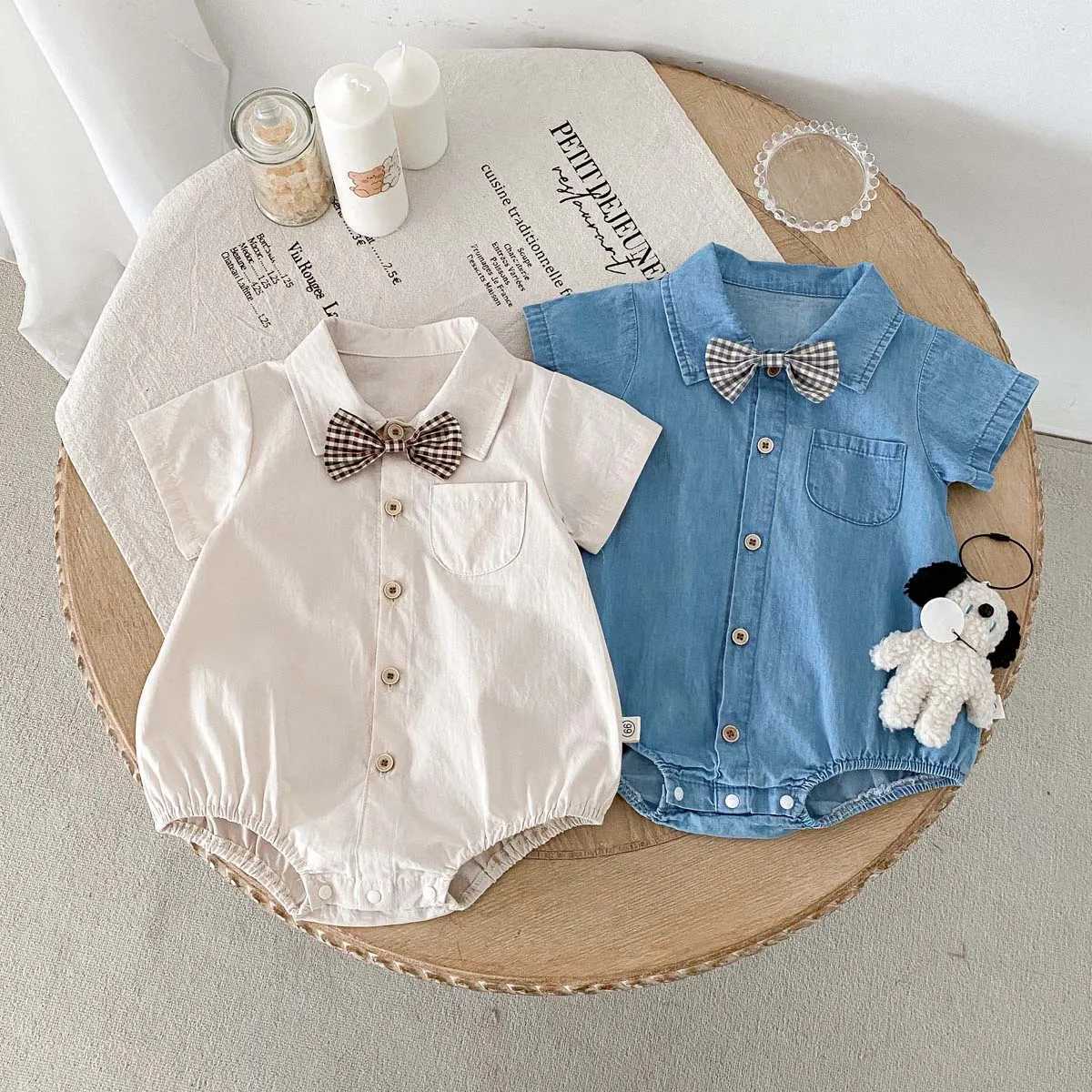 Korean-style summer baby solid color lapel shirt jumpsuit male baby handsome bow tie single-breasted jumpsuit very suitable fo Y260625G0FT