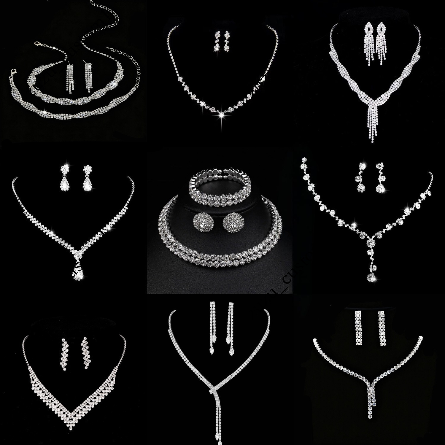 Cross-border best-selling bridal necklace earrings jewelry, European and American fashion, high-end versatile collarbone chain, simple rhinestone ac