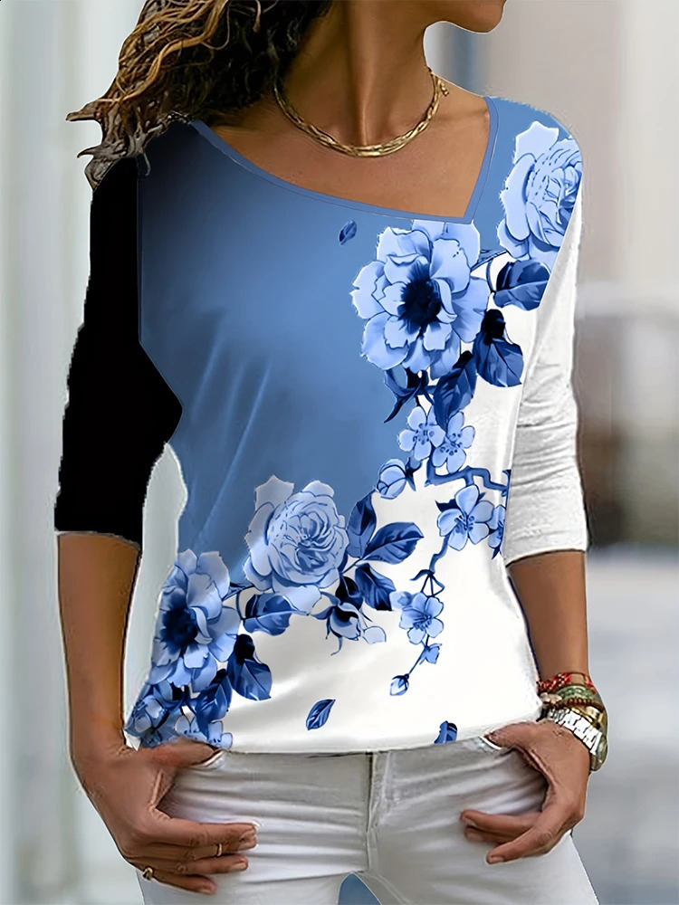 Plus Size Summer Womens Printed Pattern Slash Neck Long Sleeve T-Shirt Loose Casual Polyester 3XL-5XL 260626