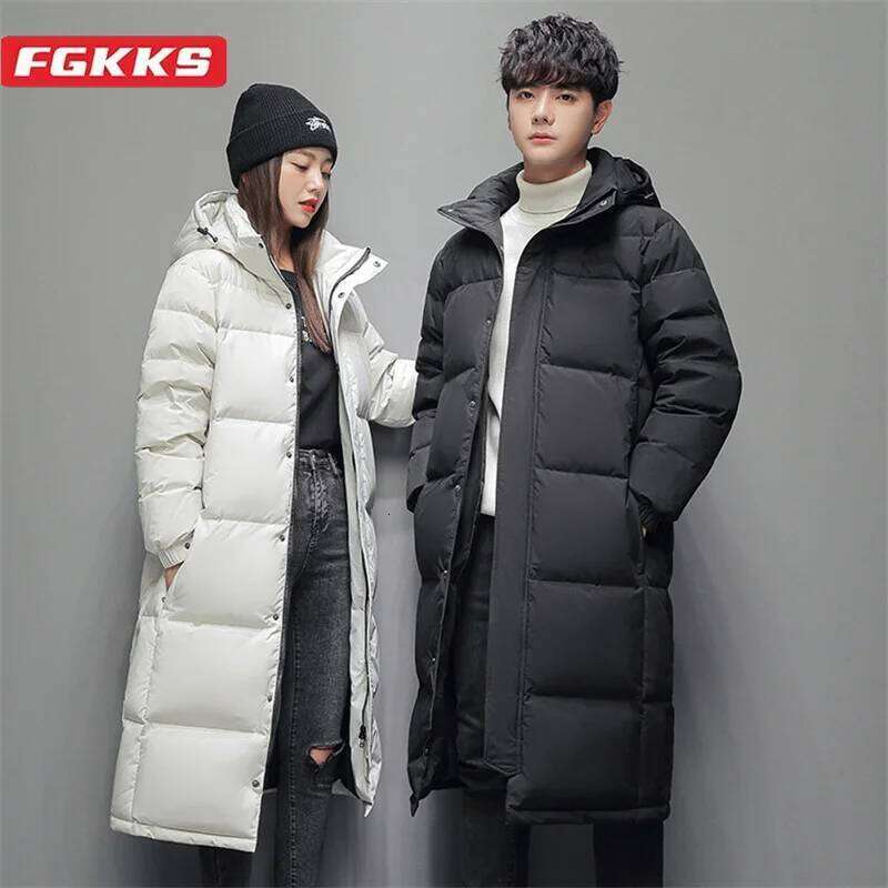 FGKKS 2025 Couple Winter Jacket Fashion Classic Slim Korean Style White Duck Down Men's Long Coat Women Hooded Outwear W260626