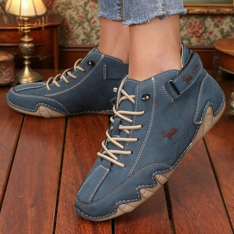 Womens Casual Leather High Top Ankle Shoes Unique Stitching Lace Up Walking Anti Slip y Retro Boots 260616