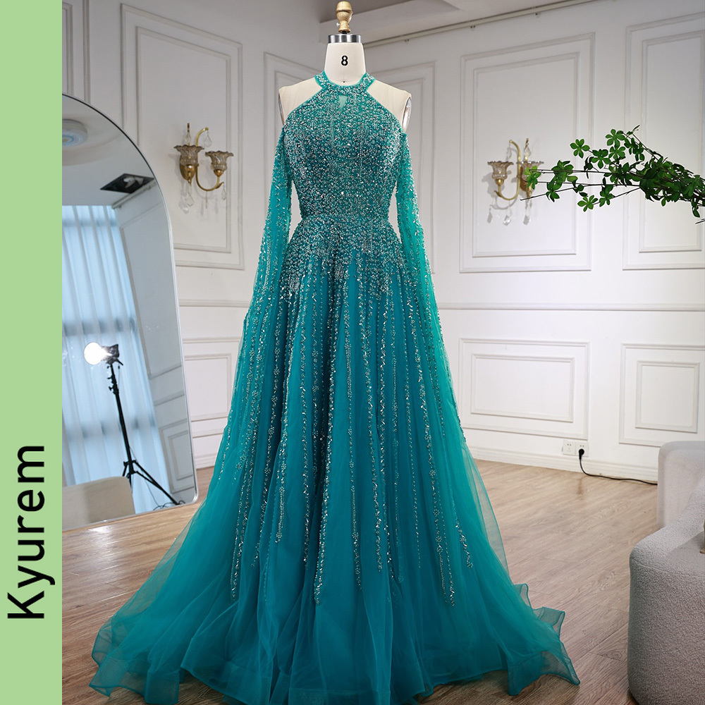 luxury arabic turquoise beaded aline evening dress with cape sleeves party prom gowns robe de soiree custom made color size