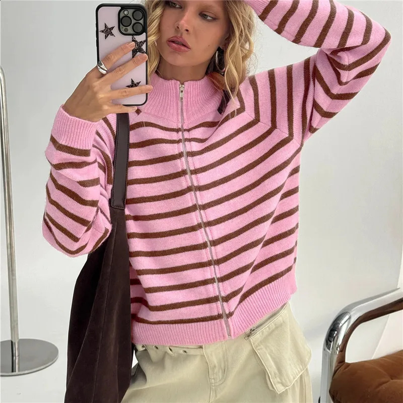 Womens Zip Up Striped Cardigan Winter Autumn Fashion Casual High Neck Long Sleeve Knit Sweater Jacket Coat Y2K Streetwear 260624