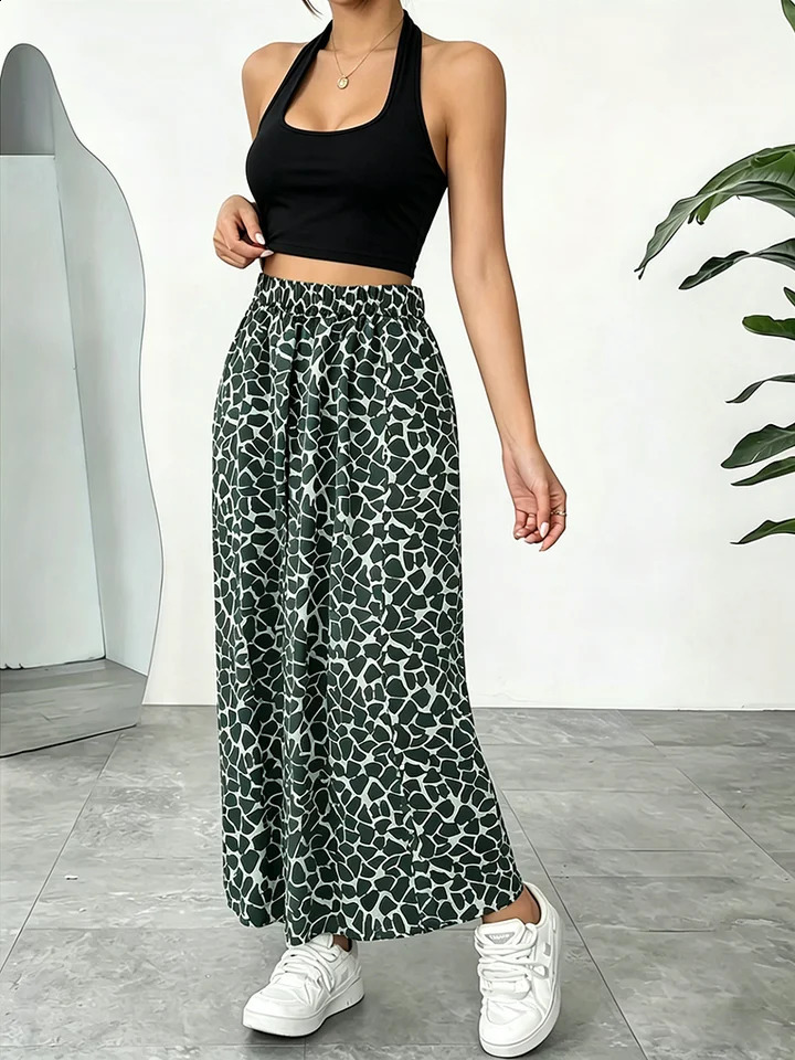 Womens clothing set solid color hanging neck backless vest topelastic waist geometric printed half skirt long 260626