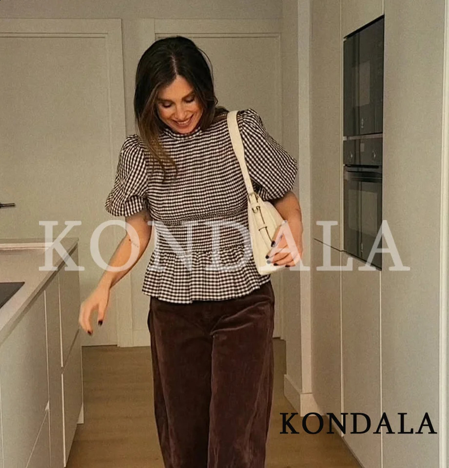 KONDALA Elegant Casual Puff Sleeves Tops Womens O-Neck Plaid Honeycomb Short-sleeved Shirt Spring Summer Fashion Tops 260625
