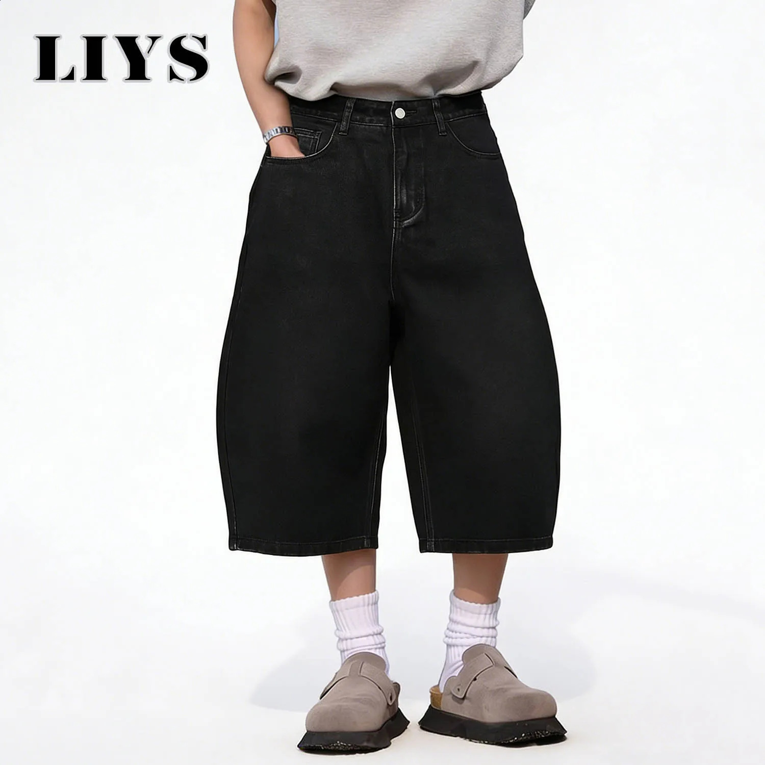 LIYS Summer American Style Retro Black Ultra Baggy Machete Wide Leg Denim Shorts Fashion Mens Womens Daily Jeans Capris 260624