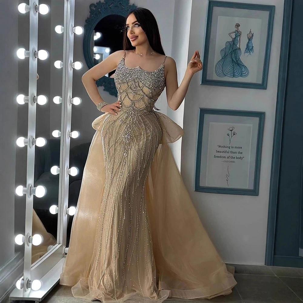 Customized Saudi Beading Spaghetti Strap Evening Dresses Gowns with Overskirt for Formal Occasion dresses custom made color/size Robe De Soiree