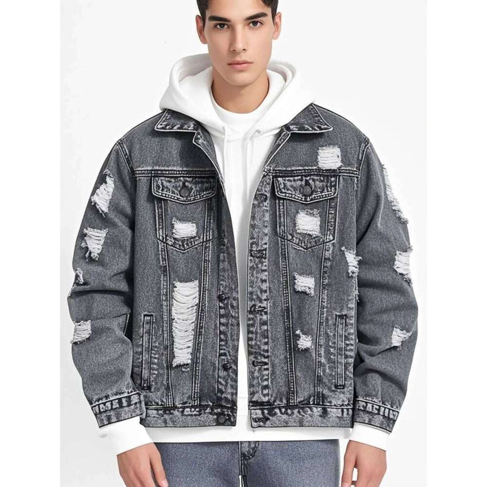 1Pc Men's Four Seasons Destroyed Stone Washed Light Daily American Street Casual Denim Jacket (No Hood/No Accessories) W260626