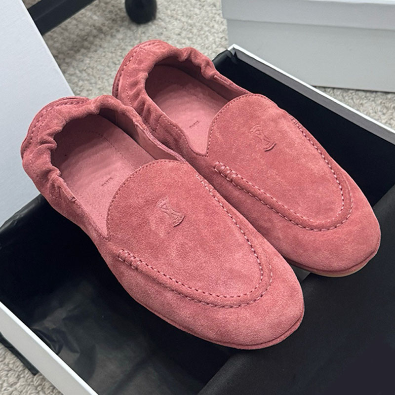 Trendy Elegant Women Daily Office Loafers Lightweight Foldable Back Heel Embossed Motif Soft Dusty Pink Suede Leather Slip On Comfort Flat Driving M