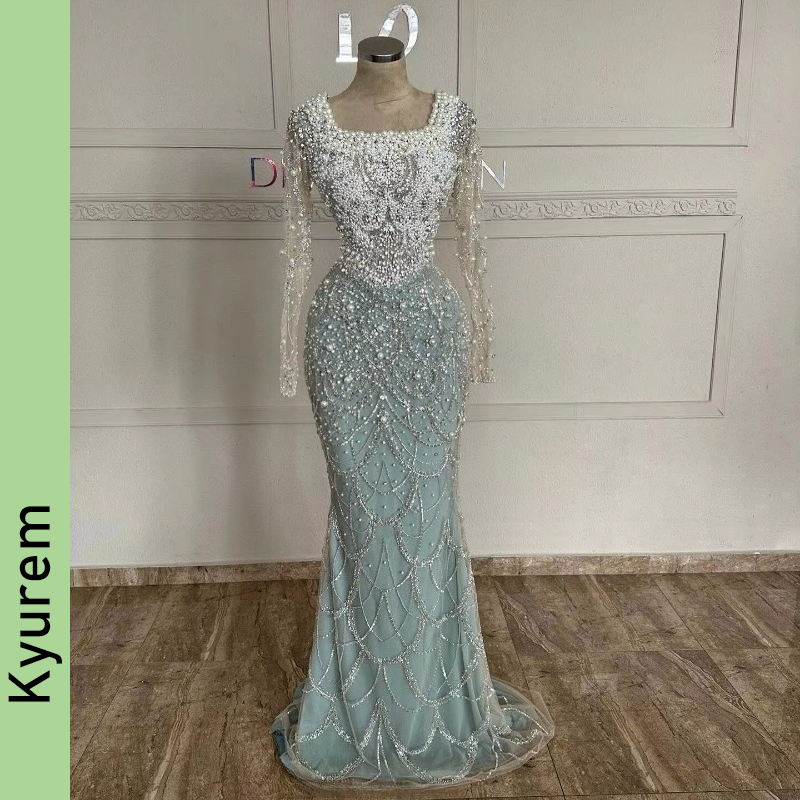 Elegant Pearls Mermaid Evening Dresses Formal Occasion Dresses with Long Sleeves Vestidos De Gala Party Dresses Luxury Robe De Soiree Night Gowns