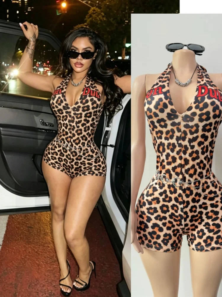 Joskaa 2026 Summer Womens Print Backless Playsuit Sexy Cross Halter Bandage Deep VNeck Sleeveless Skinny Romper Party Clubwear 260624