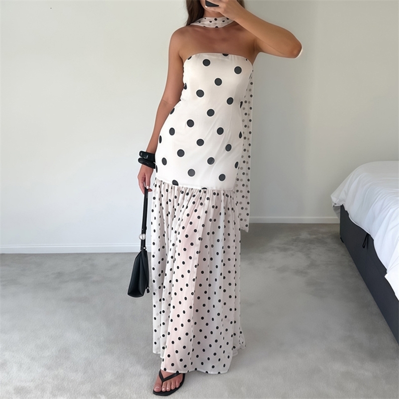 Polka Dot Print Slim Fit Summer Casual Dress Lady Fashion Off Shoulder Pleated Holiday Dress Cocktail Party Backless Sexy Dress 260625